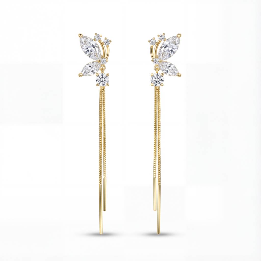 Shimmering Wing Long Drop Earrings - 925 Sterling Silver Gold Plated