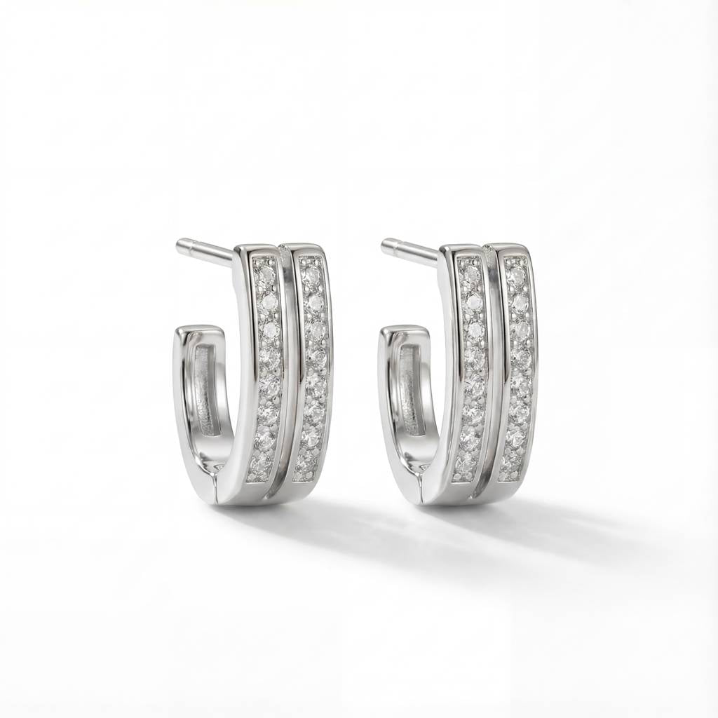 Parallel Pavé J-Hoop Earrings - 925 Sterling Silver Gold Plated