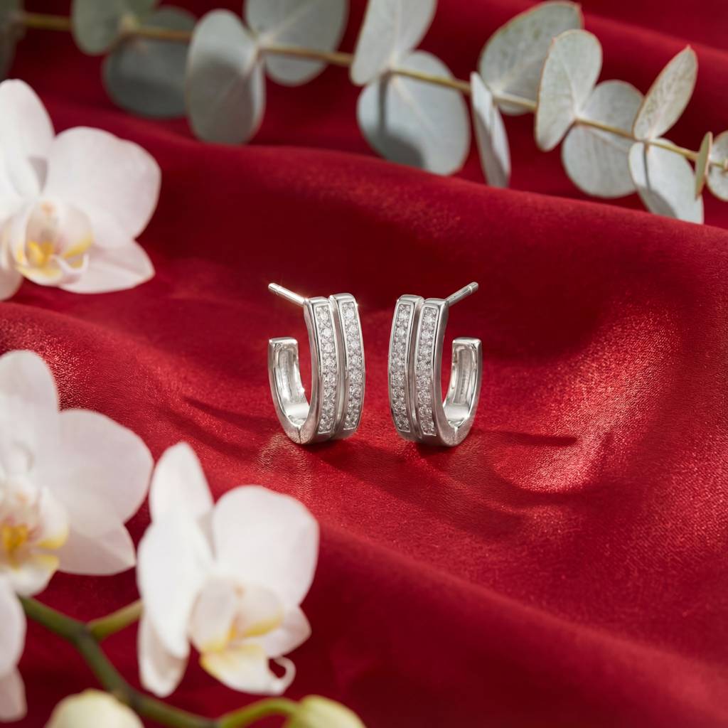 Parallel Pavé J-Hoop Earrings - 925 Sterling Silver Gold Plated