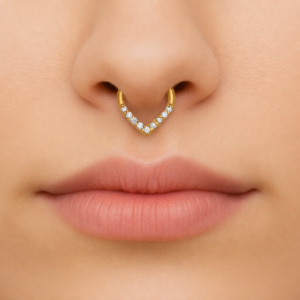 Gold Plated CZ Septum Ring – Minimal V Shape Open Nose Ring Design