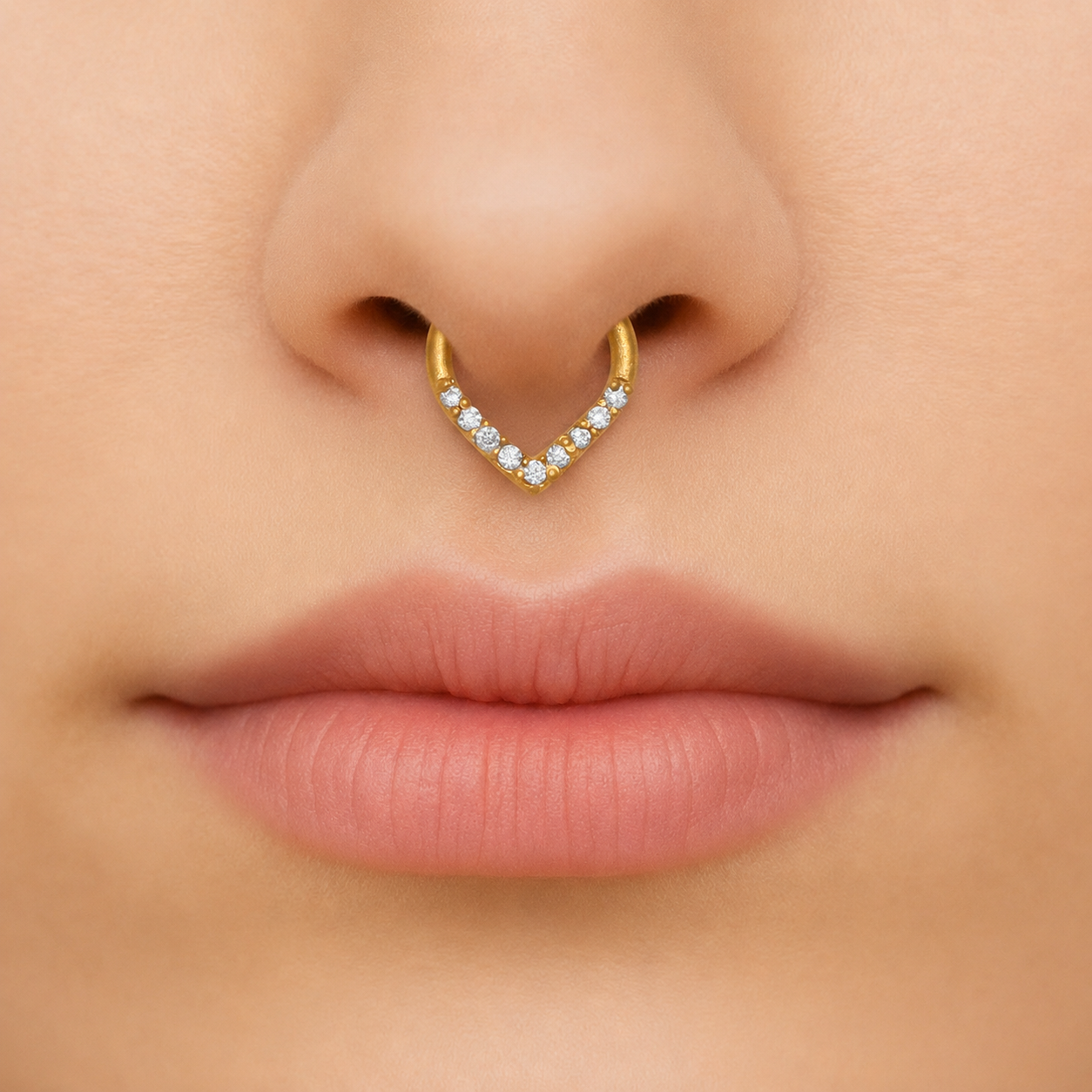 Gold Plated CZ Septum Ring – Minimal V Shape Open Nose Ring Design