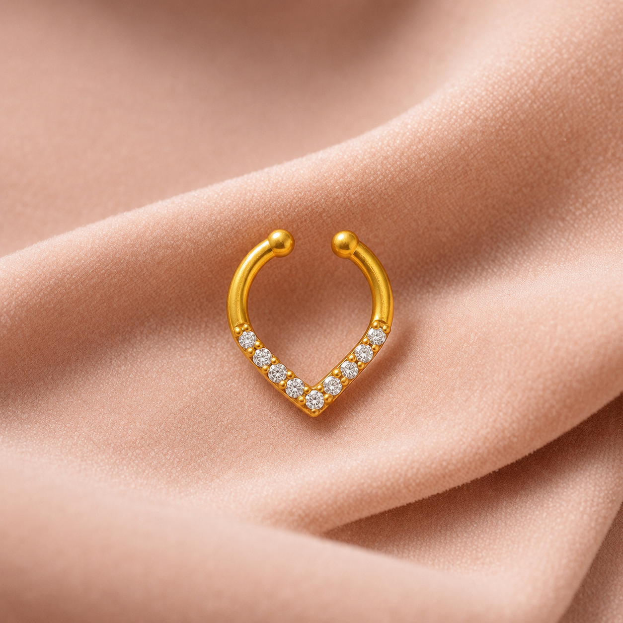 Gold Plated CZ Septum Ring – Minimal V Shape Open Nose Ring Design - Image 4