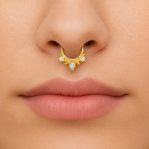 Gold Plated CZ Septum Ring – Boho Drop Open Nose Ring Design
