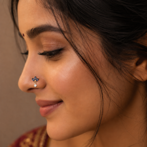 Gold Plated Blue CZ Floral Nose Pin with Dangle White Stone – Elegant Ethnic Design