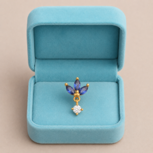 Gold Plated Blue CZ Floral Nose Pin with Dangle White Stone – Elegant Ethnic Design