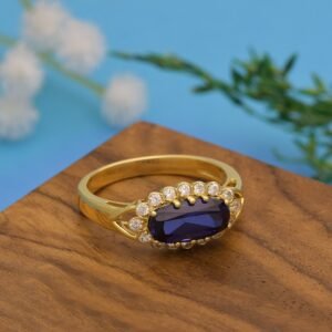 Blue Sapphire Octagon Classic Halo Ring  – Sterling Silver Yellow Plated