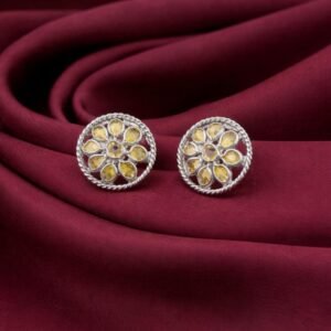 Yellow Polki Diamond Floral Stud Earrings - 925 Sterling Silver