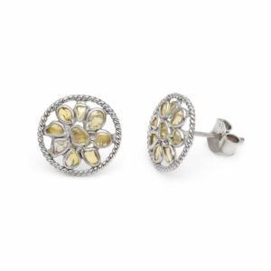Yellow Polki Diamond Floral Stud Earrings - 925 Sterling Silver