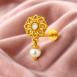 Mandala Pearl Drop Nose Pin with CZ - Gold Plated 925 Silver