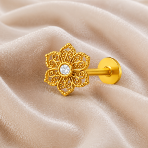 Filigree Floral Nose Pin with CZ - Gold Plated 925 Silver