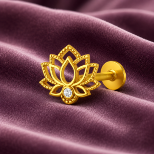 Lotus Flower Nose Pin with CZ - Gold Plated 925 Silver