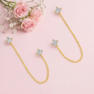 White CZ Ear Chain Studs - 925 Sterling Silver Gold Plated