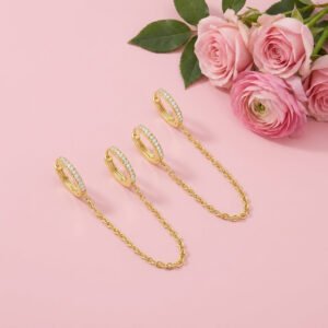 Diamond Hoop Chained Earrings - 925 Sterling Silver Gold Plated