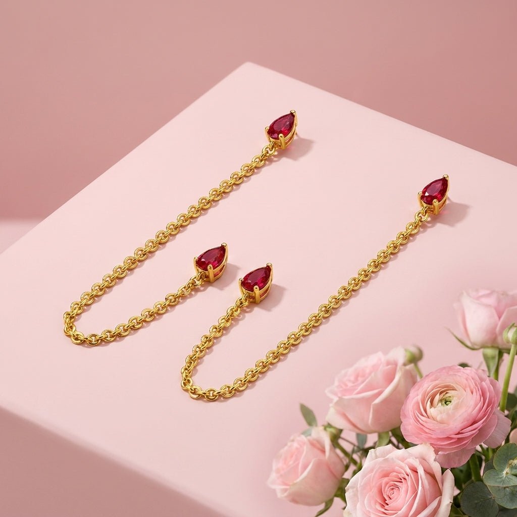 Ruby Drop Ear Chain - 925 Sterling Silver Gold Plated