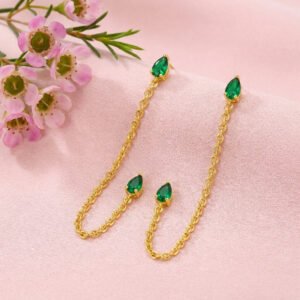 Emerald Drop Ear Chain - 925 Sterling Silver Gold Plated