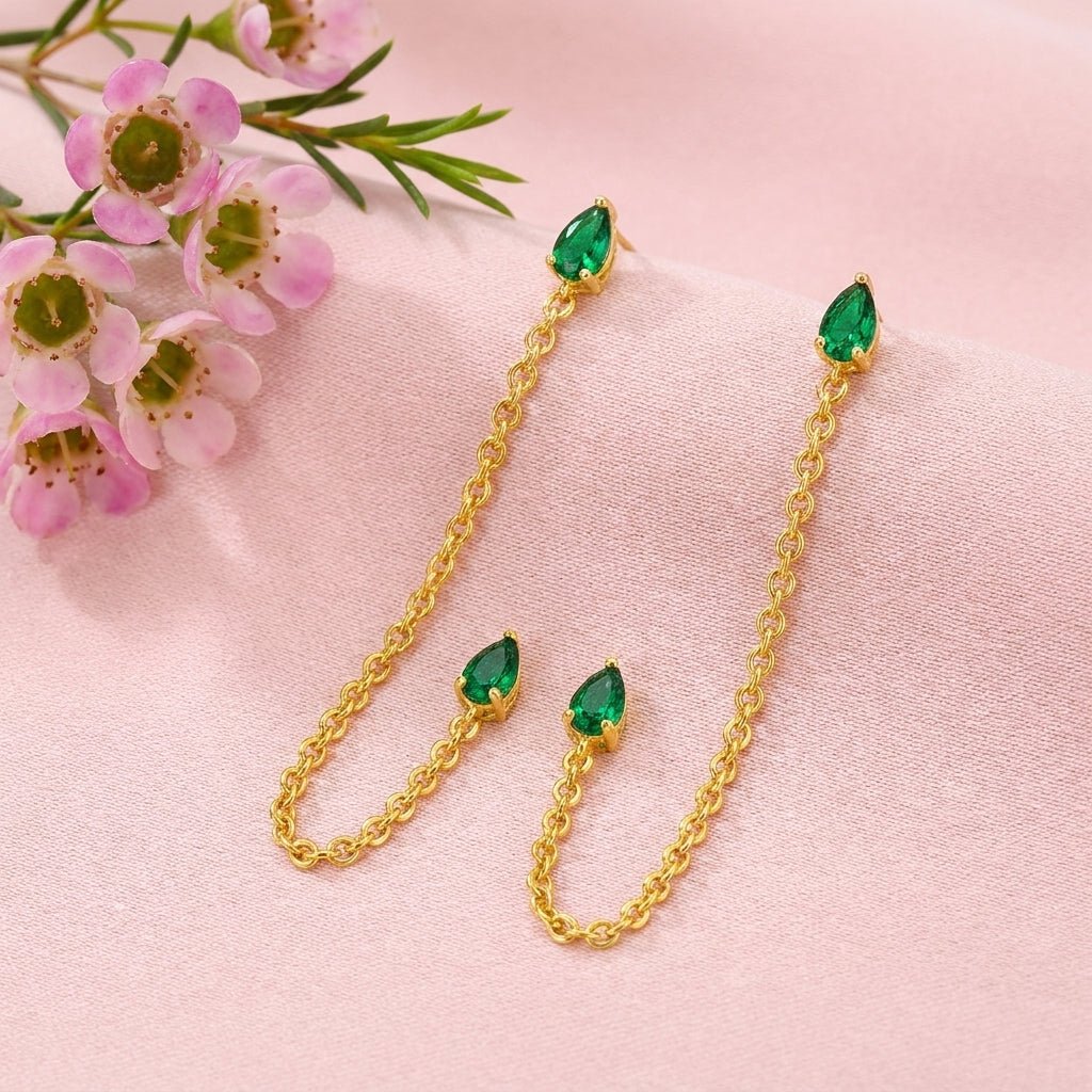 Emerald Drop Ear Chain - 925 Sterling Silver Gold Plated - 925 Ananta