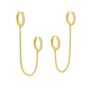 Diamond Hoop Chained Earrings - 925 Sterling Silver Gold Plated