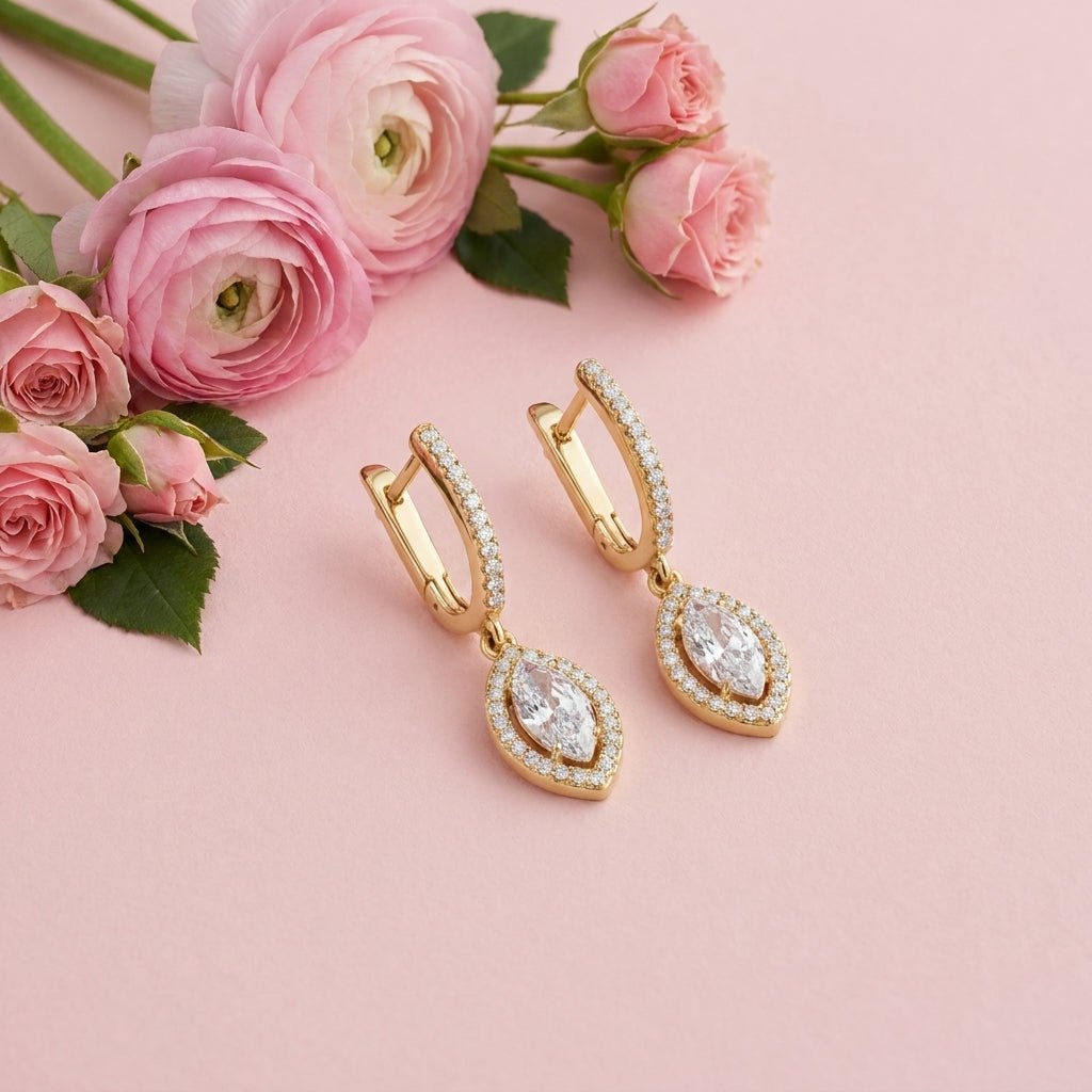 Marquise Diamond Earrings - 925 Sterling Silver Gold Plated