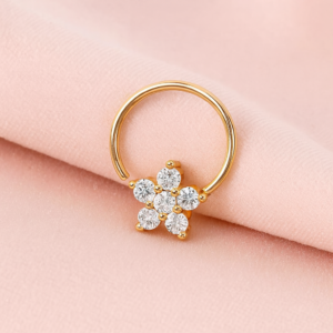 925 Sterling Silver Gold Plated Floral White Cz Cluster Nose Pin| Piercing Jewelry