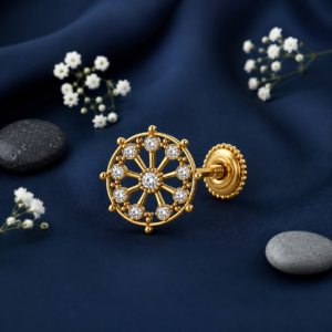Vintage Wheel White CZ Nose Pin – 925 Sterling Silver Gold Plated Screw Nose Stud