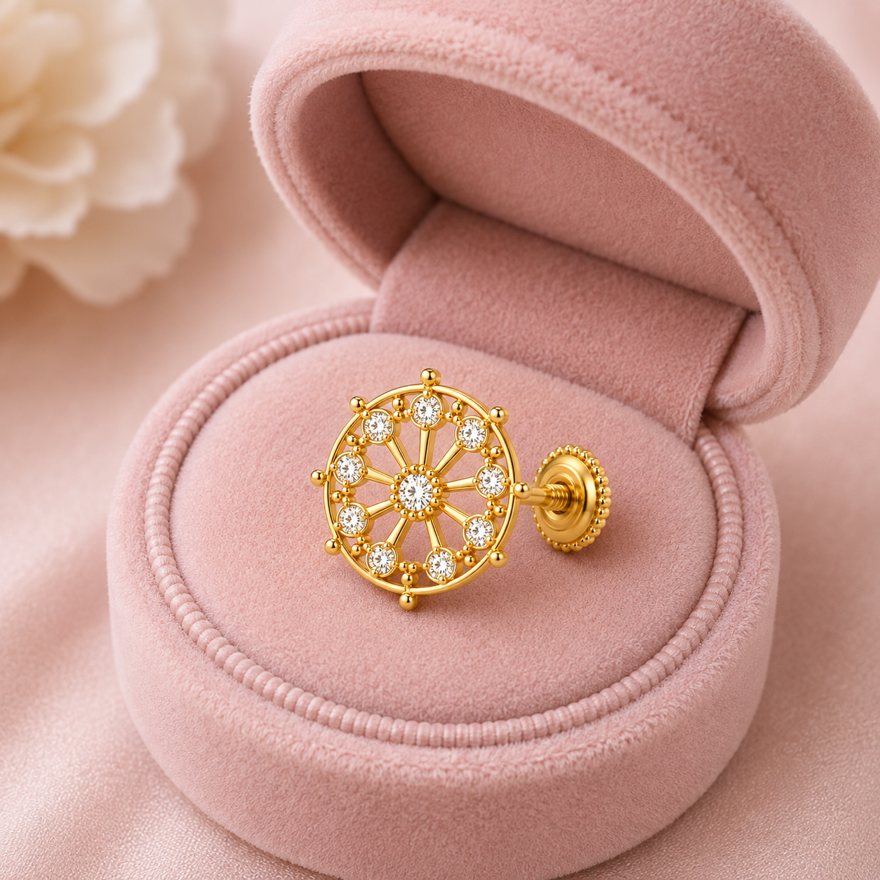 Vintage Wheel White CZ Nose Pin – 925 Sterling Silver Gold Plated Screw Nose Stud - Image 3