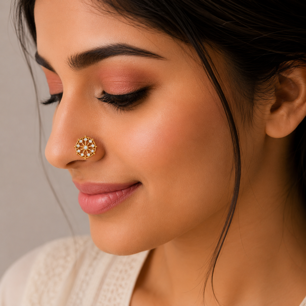 Vintage Wheel White CZ Nose Pin – 925 Sterling Silver Gold Plated Screw Nose Stud - Image 4