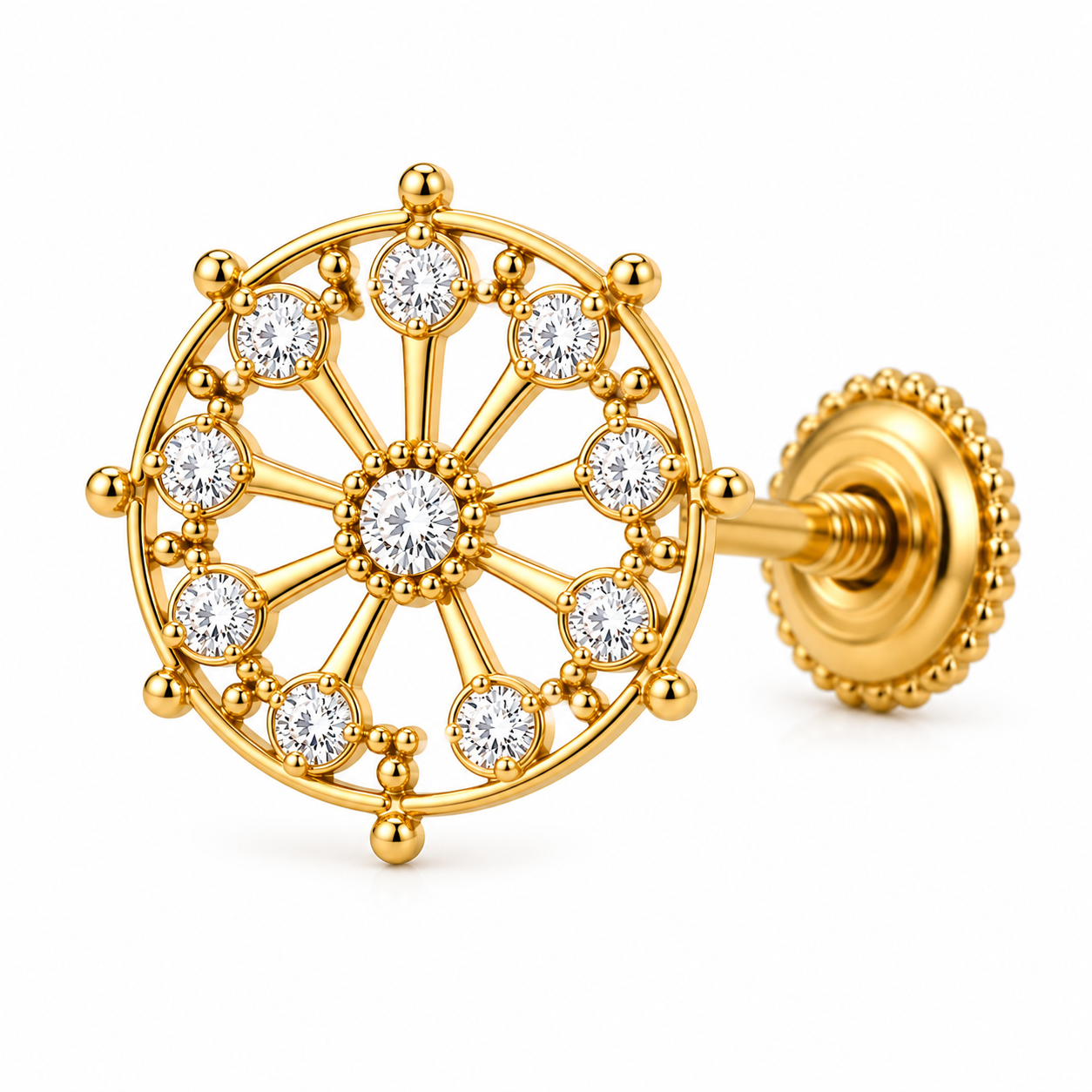 Vintage Wheel White CZ Nose Pin – 925 Sterling Silver Gold Plated Screw Nose Stud