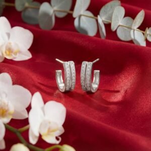 Parallel Pavé J-Hoop Earrings - 925 Sterling Silver Gold Plated